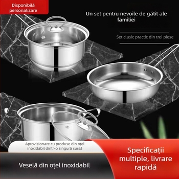 Set de vase din oțel inoxidabil, 3 piese: oală pentru lapte 18 cm, oală pentru supă 22 cm, tigaie 24 cm, capac din sticlă