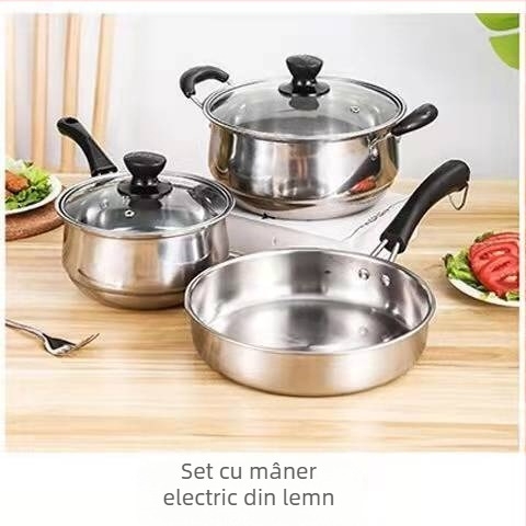 Set de vase din oțel inoxidabil, 3 piese: oală pentru lapte 18 cm, oală pentru supă 22 cm, tigaie 24 cm, capac din sticlă