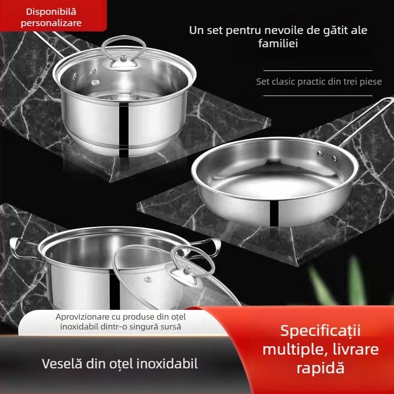 Set de vase din oțel inoxidabil, 3 piese: oală pentru lapte 18 cm, oală pentru supă 22 cm, tigaie 24 cm, capac din sticlă