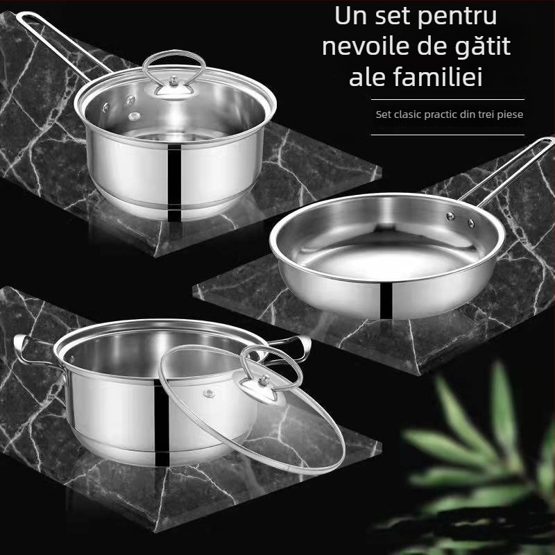Set de vase din oțel inoxidabil, 3 piese: oală pentru lapte 18 cm, oală pentru supă 22 cm, tigaie 24 cm, capac din sticlă