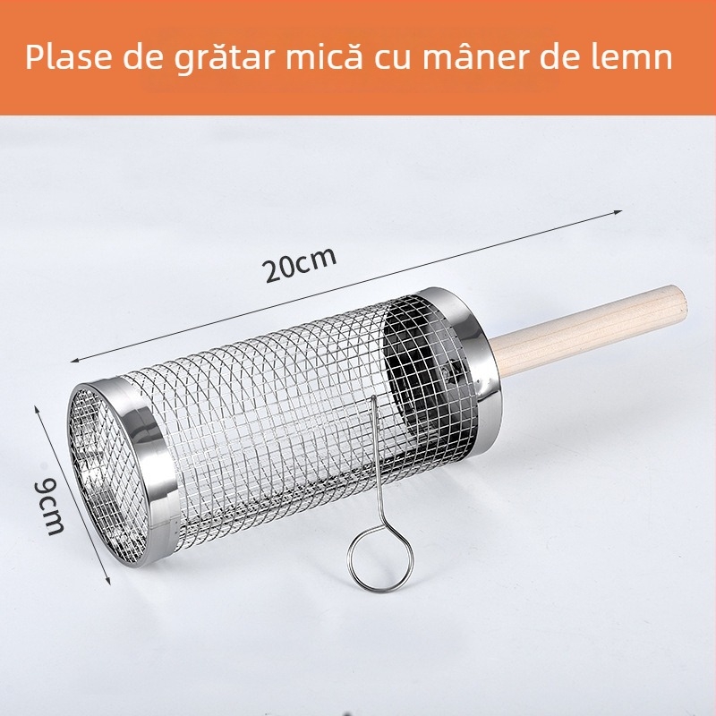 Coș rotund pentru grătar din oțel inoxidabil, cu mâner din lemn