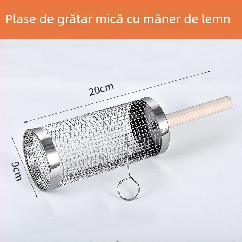 Coș rotund pentru grătar din oțel inoxidabil, cu mâner din lemn