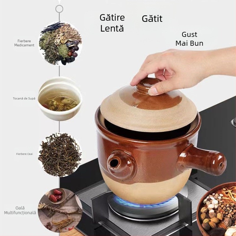 Oală tradițională chineză pentru decocturi din plante, din lut, rezistentă la temperaturi mari, potrivită pentru aragaz cu gaze, 2,1–3 L