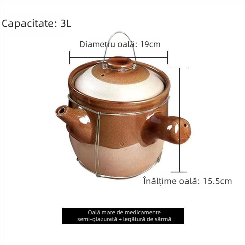 Oală tradițională chineză pentru decocturi din plante, din lut, rezistentă la temperaturi mari, potrivită pentru aragaz cu gaze, 2,1–3 L