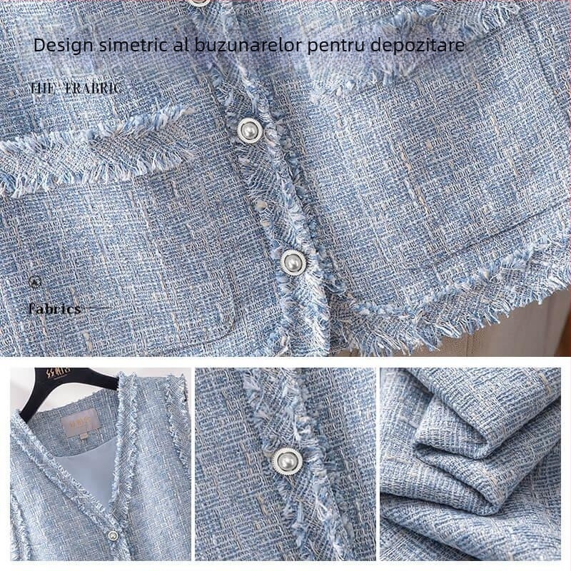 Vestă fără mâneci, decolteu în V, primăvara 2025, inspirată de Chanel, cu nasturi pe un rând.