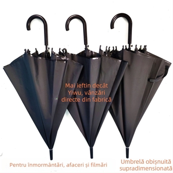 Umbrelă funerară neagră, de mari dimensiuni, cu mâner lung curbat și opt spițe; deschidere automată