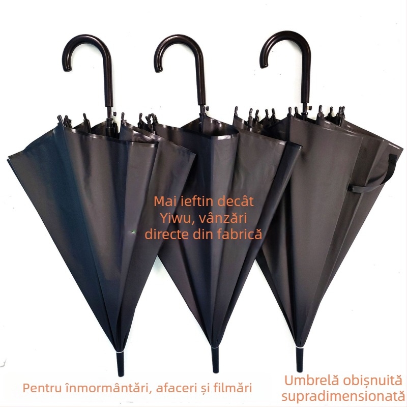 Umbrelă funerară neagră, de mari dimensiuni, cu mâner lung curbat și opt spițe; deschidere automată