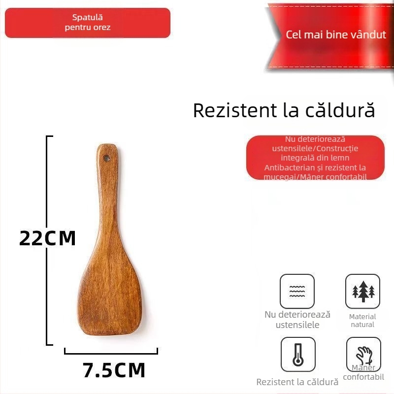 Unique spatulă de bucătărie cu mâner lung din lemn, lingură din lemn și spatulă pentru orez, design înclinat, rezistentă la temperaturi înalte, pentru uz casnic