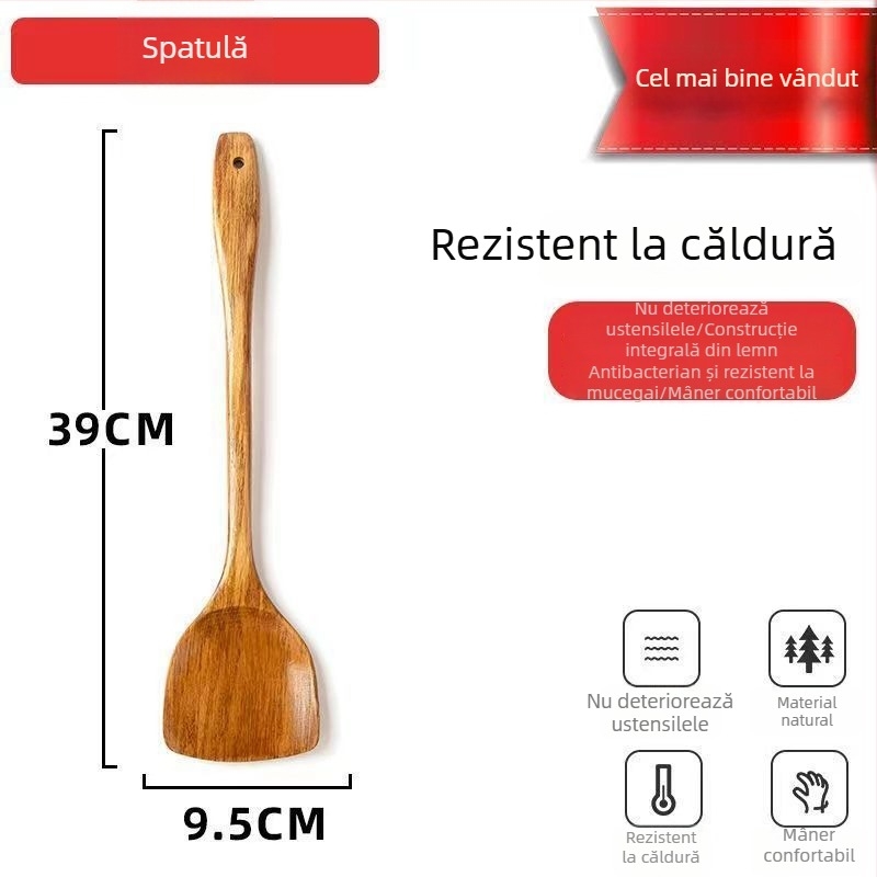 Unique spatulă de bucătărie cu mâner lung din lemn, lingură din lemn și spatulă pentru orez, design înclinat, rezistentă la temperaturi înalte, pentru uz casnic