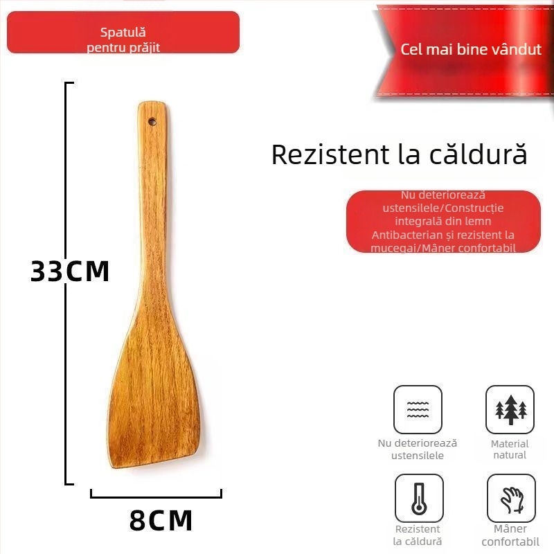 Unique spatulă de bucătărie cu mâner lung din lemn, lingură din lemn și spatulă pentru orez, design înclinat, rezistentă la temperaturi înalte, pentru uz casnic