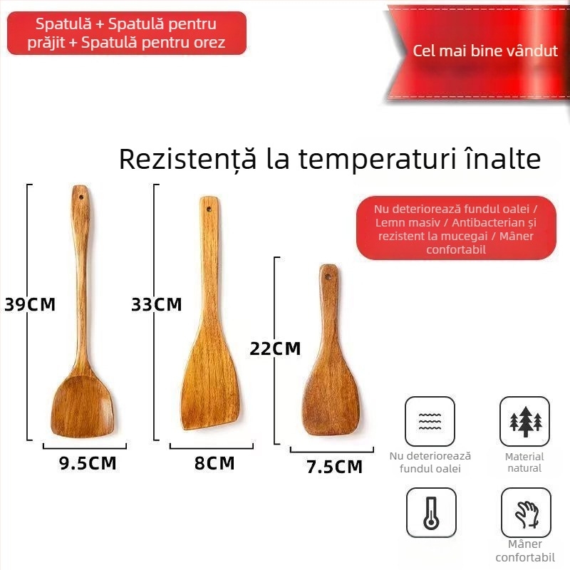 Unique spatulă de bucătărie cu mâner lung din lemn, lingură din lemn și spatulă pentru orez, design înclinat, rezistentă la temperaturi înalte, pentru uz casnic