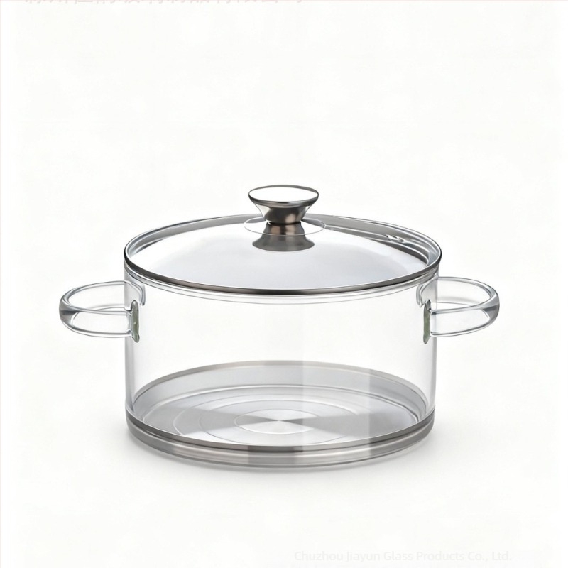 Oală de supă din sticlă borosilicată, cu fund din oțel inoxidabil și mâneri duble