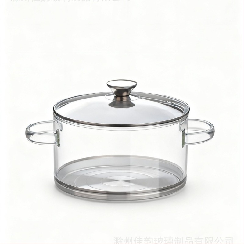 Oală de supă din sticlă borosilicată, cu fund din oțel inoxidabil și mâneri duble