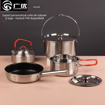 Set de vase de exterior din oțel inoxidabil 304: oală, ceainic, tigaie, oală de gătit, oală de lapte și oală agățată