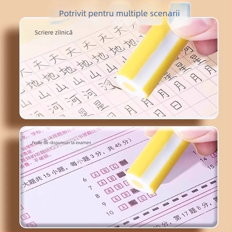 Radieră în formă de creion pentru elevi de clasa I; fără cioburi, extrem de curată și moale; compatibilă cu creioanele 2B și 4B