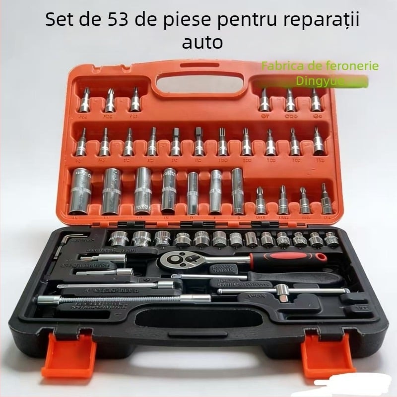 Set de 53 piese pentru reparații auto, cu chei cu clichet și cutie multifuncțională