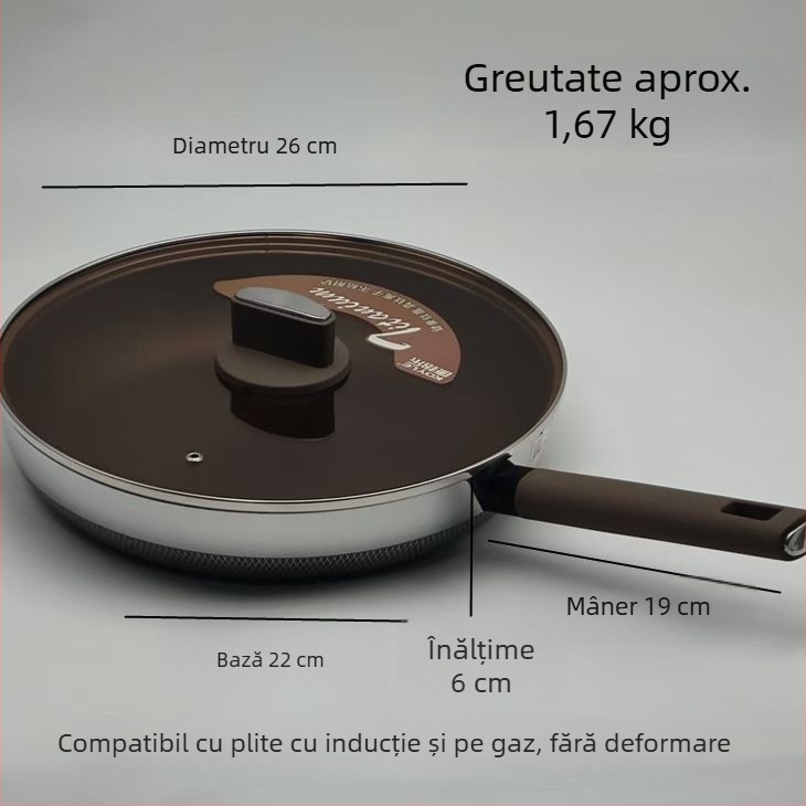 Tigaie cu fund plat din oțel inoxidabil 316, antiaderentă, compatibilă cu inducția, pentru fripturi, chifle la abur și clătite