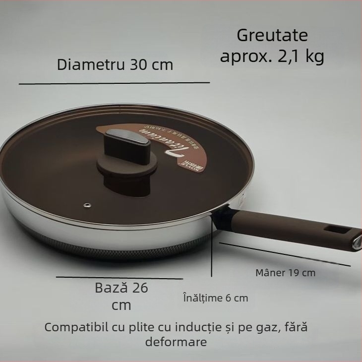 Tigaie cu fund plat din oțel inoxidabil 316, antiaderentă, compatibilă cu inducția, pentru fripturi, chifle la abur și clătite