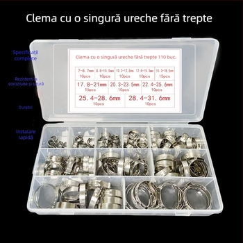 Set de 110 coliere din oțel inoxidabil, cu ureche simplă, reglaj continuu, pentru furtunuri de apă și ulei, reparații auto, diametru 7–31,6 mm