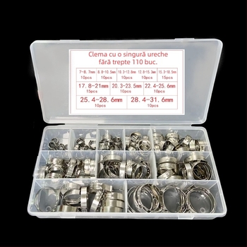Set de 110 coliere din oțel inoxidabil, cu ureche simplă, reglaj continuu, pentru furtunuri de apă și ulei, reparații auto, diametru 7–31,6 mm