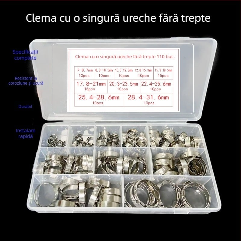 Set de 110 coliere din oțel inoxidabil, cu ureche simplă, reglaj continuu, pentru furtunuri de apă și ulei, reparații auto, diametru 7–31,6 mm