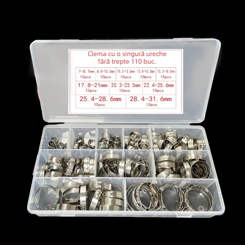 Set de 110 coliere din oțel inoxidabil, cu ureche simplă, reglaj continuu, pentru furtunuri de apă și ulei, reparații auto, diametru 7–31,6 mm