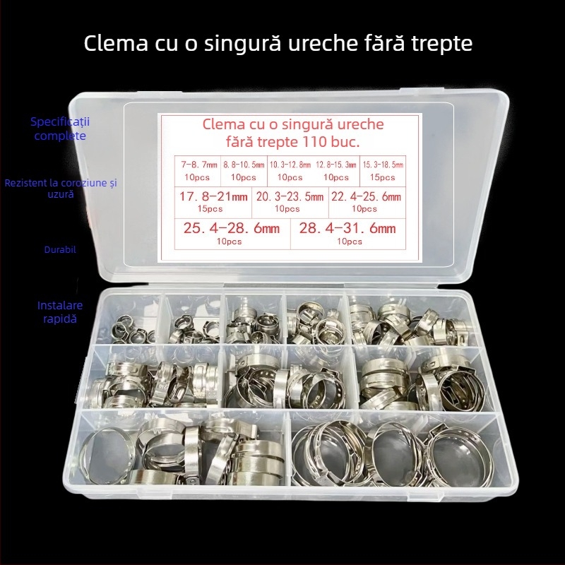 Set de 110 coliere din oțel inoxidabil, cu ureche simplă, reglaj continuu, pentru furtunuri de apă și ulei, reparații auto, diametru 7–31,6 mm