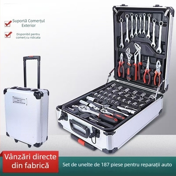 Set de unelte din oțel carbon, 187 piese, în husă din aluminiu, cu chei cu soclu și altele pentru reparații auto și mecanice