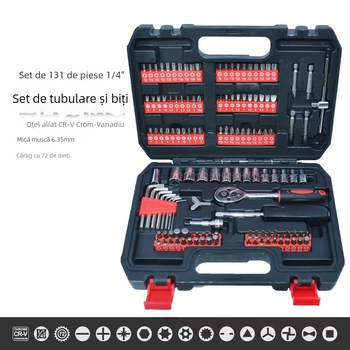 Set auto 131 piese: capete pentru șurubelnițe, set de soclu și bituri