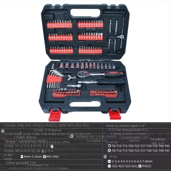Set auto 131 piese: capete pentru șurubelnițe, set de soclu și bituri