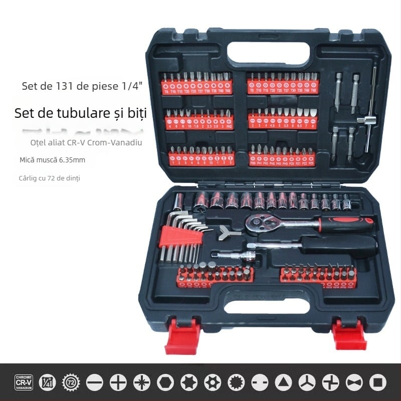 Set auto 131 piese: capete pentru șurubelnițe, set de soclu și bituri