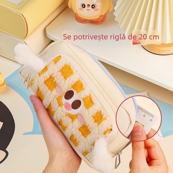 Penar din catifea, plușat, cu motiv dopamină din desene animate, în stil coreean cu carouri, drăguț și moale, organizator de papetărie