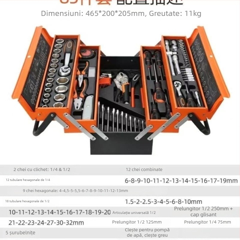 85 de piese: set de scule pliabil în trei niveluri cu ratchet wrench pentru reparații auto – set multifuncțional