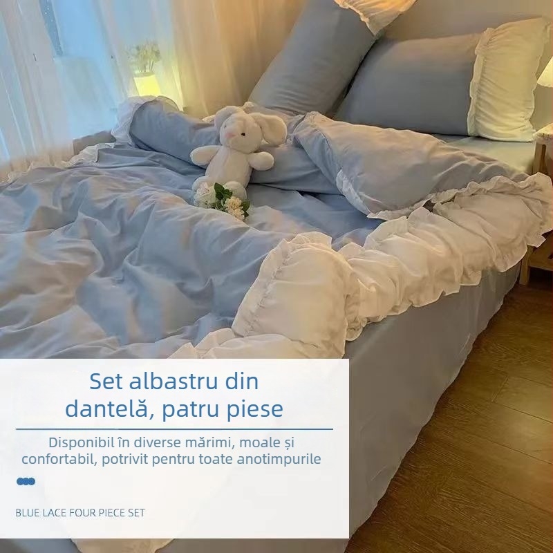 Set husă pentru pilotă, culoare albastru uni, cu margine dantelată, stil prințesă