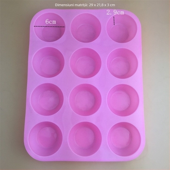 Formă din silicon rotundă cu 12 cavități pentru brioșe, biscuiți și prăjituri, potrivită pentru înghețată, budincă și lumânări parfumate