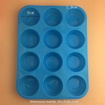 Formă din silicon rotundă cu 12 cavități pentru brioșe, biscuiți și prăjituri, potrivită pentru înghețată, budincă și lumânări parfumate
