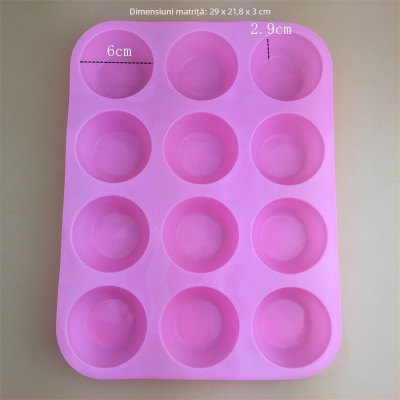 Formă din silicon rotundă cu 12 cavități pentru brioșe, biscuiți și prăjituri, potrivită pentru înghețată, budincă și lumânări parfumate
