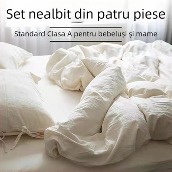 Set de pat din bumbac și in, patru piese, stil minimalist japonez, alb, respirabil. Include cearșafuri, husă de pilotă și fețe de pernă.