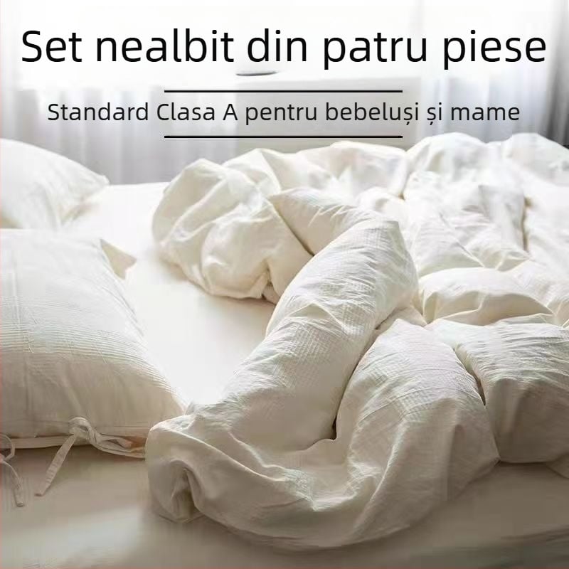 Set de pat din bumbac și in, patru piese, stil minimalist japonez, alb, respirabil. Include cearșafuri, husă de pilotă și fețe de pernă.