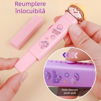 Radieră pentru creion cu mecanism push-pull pentru elevi din ciclul primar, design drăguț cu desen animat, capacitate mare, nu lasă urme