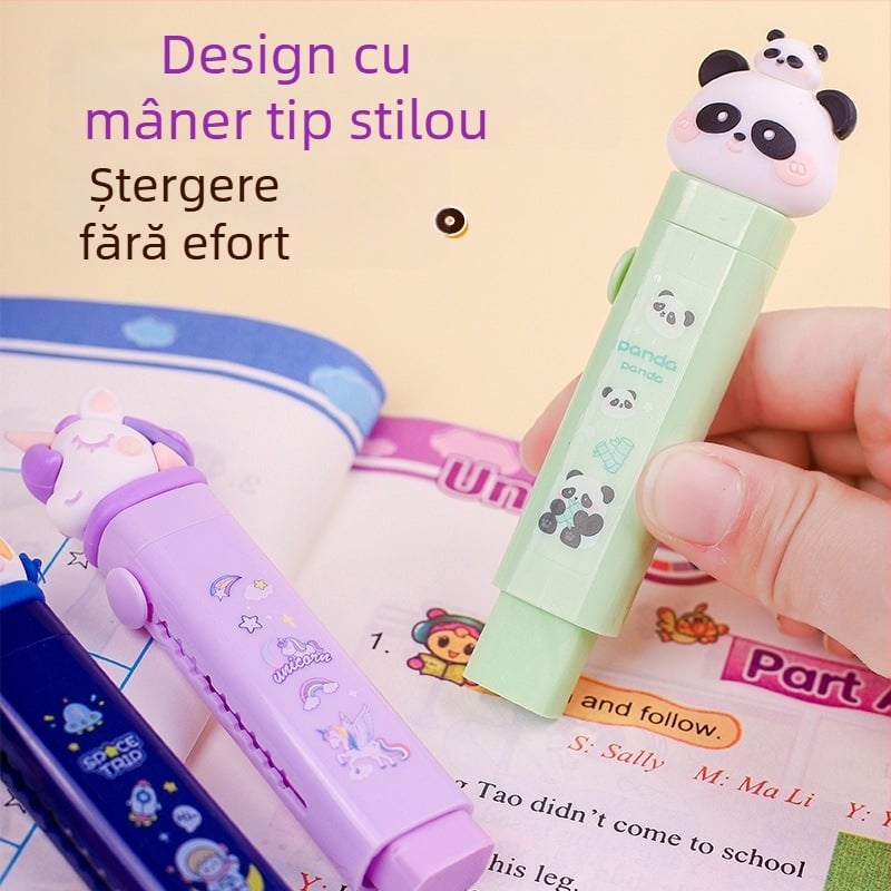 Radieră pentru creion cu mecanism push-pull pentru elevi din ciclul primar, design drăguț cu desen animat, capacitate mare, nu lasă urme