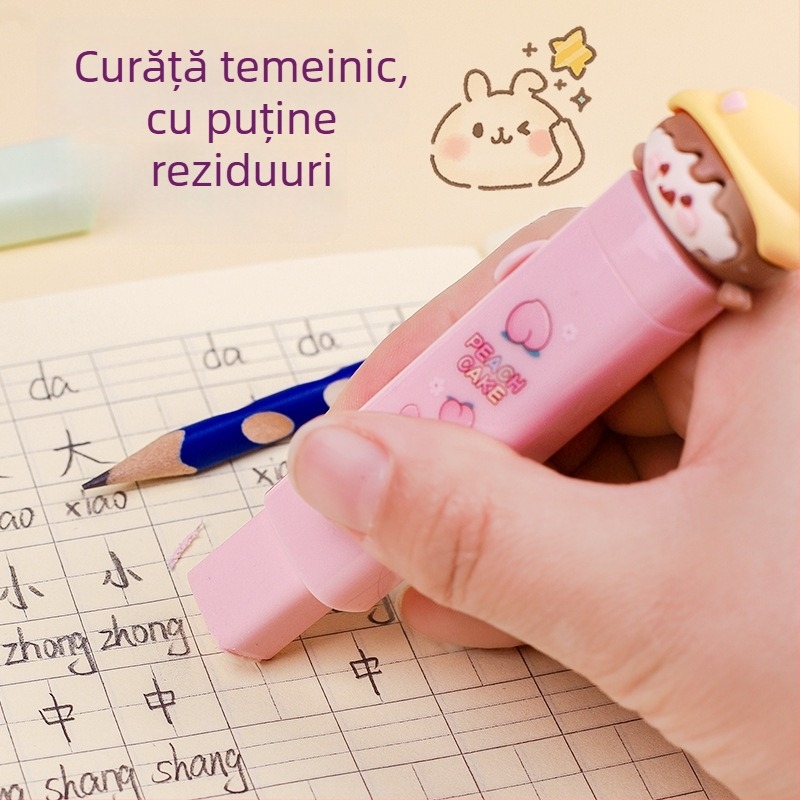 Radieră pentru creion cu mecanism push-pull pentru elevi din ciclul primar, design drăguț cu desen animat, capacitate mare, nu lasă urme