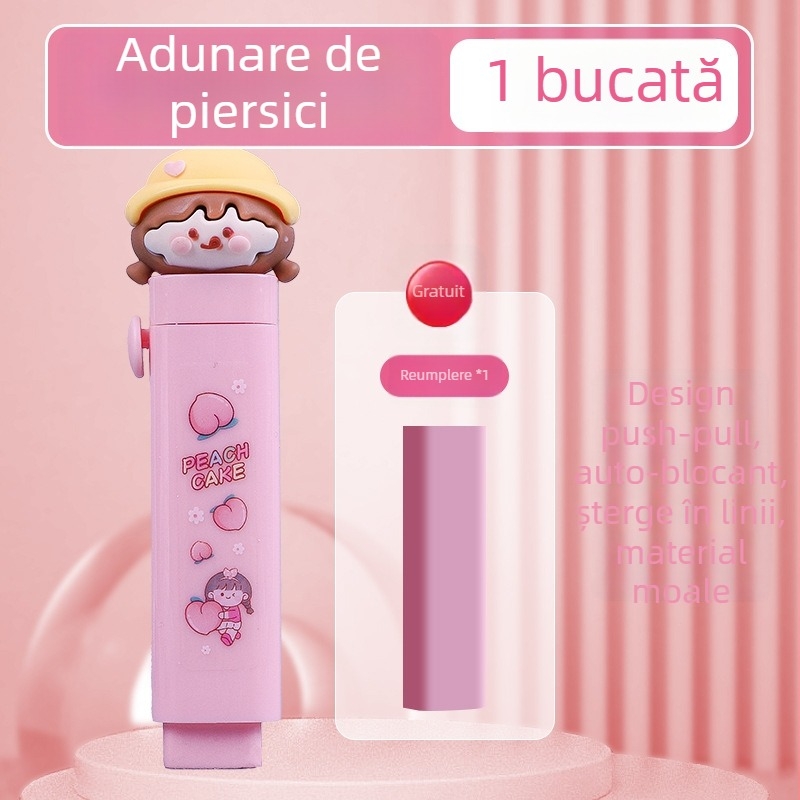 Radieră pentru creion cu mecanism push-pull pentru elevi din ciclul primar, design drăguț cu desen animat, capacitate mare, nu lasă urme