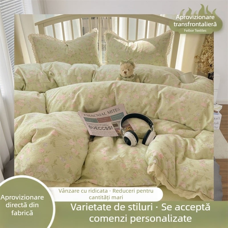 Set de pat din patru piese, cu dantelă albă și imprimeu decupat, personalizat, stil nou 2025