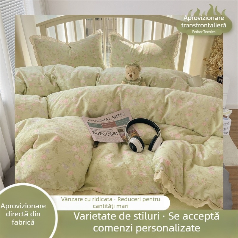 Set de pat din patru piese, cu dantelă albă și imprimeu decupat, personalizat, stil nou 2025