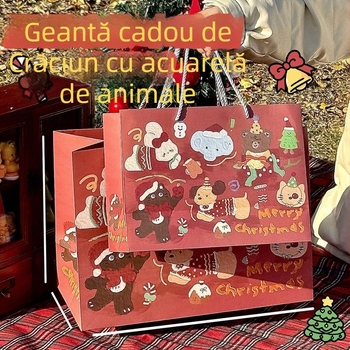 Geantă de cadouri cu animale de Crăciun în acuarelă, capacitate mare, din hârtie
