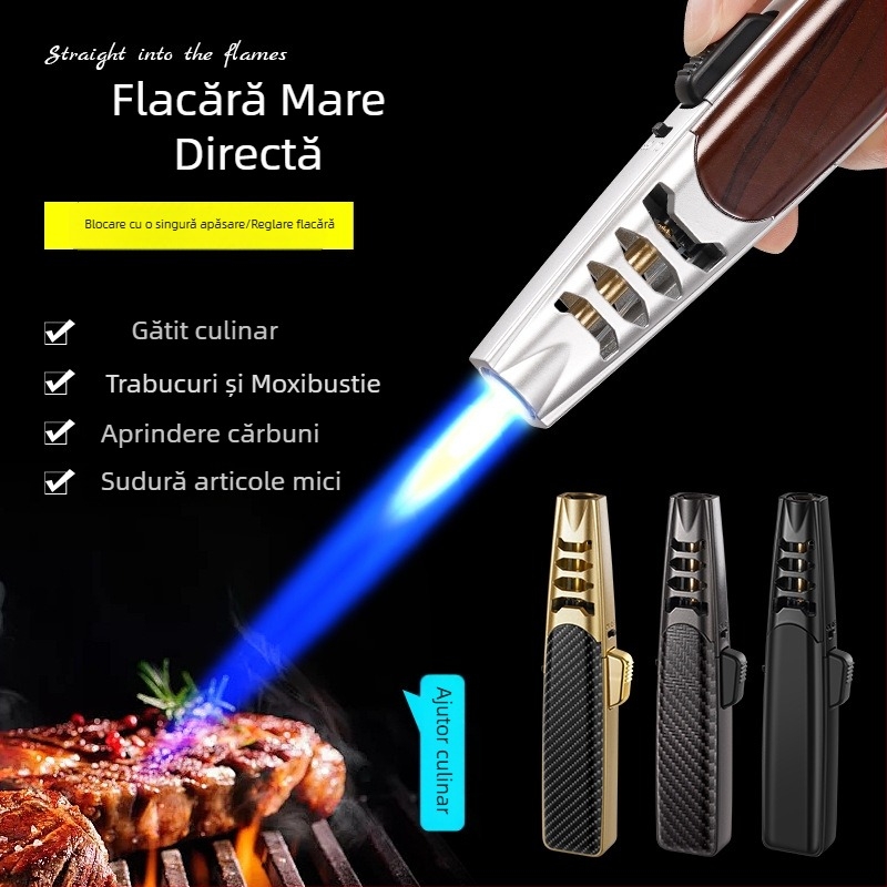 Aprinzător portabil cu butan pentru grătar în aer liber, flacără puternică, rezistent la vânt, din metal, aprindere directă, design minimalist