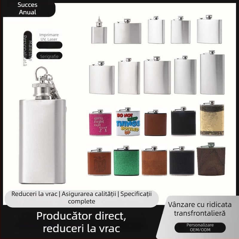Flască din oțel inoxidabil, 1–10 oz, portabilă pentru exterior, finisaj natural