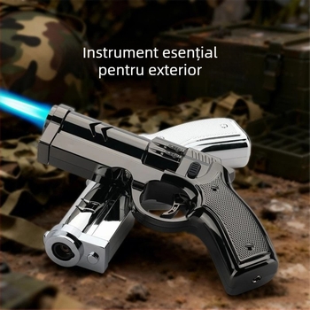 Aprindător în formă de pistol, rezistent la vânt, corp metalic gonflabil, pentru grătar în aer liber, design mecanic la modă, flacără reglabilă