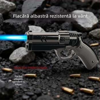 Aprindător în formă de pistol, rezistent la vânt, corp metalic gonflabil, pentru grătar în aer liber, design mecanic la modă, flacără reglabilă